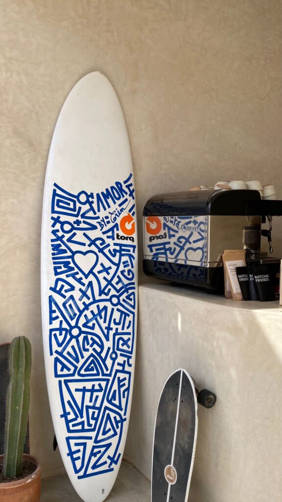 Surfboard with graffiti in nos nos